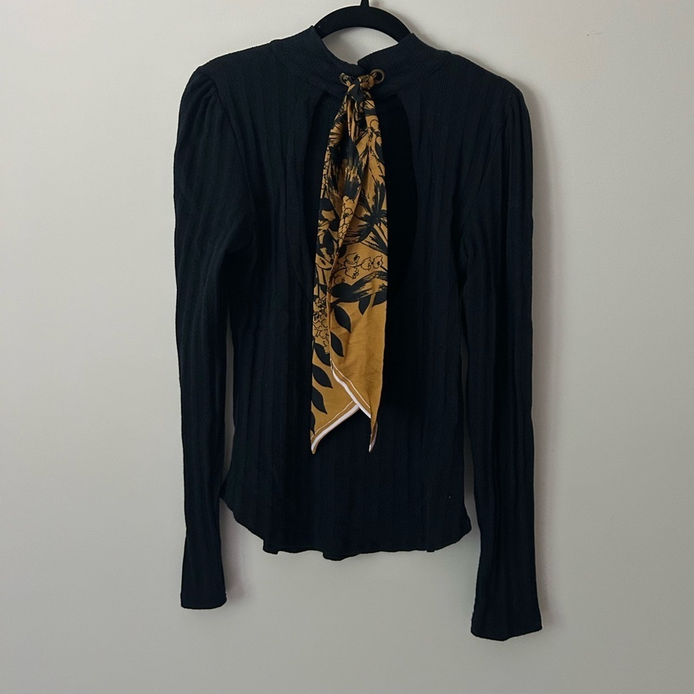 Free People Black Ribbed Long Sleeve Top with Tie Scarf Detail Size Large - Picture 4 of 7